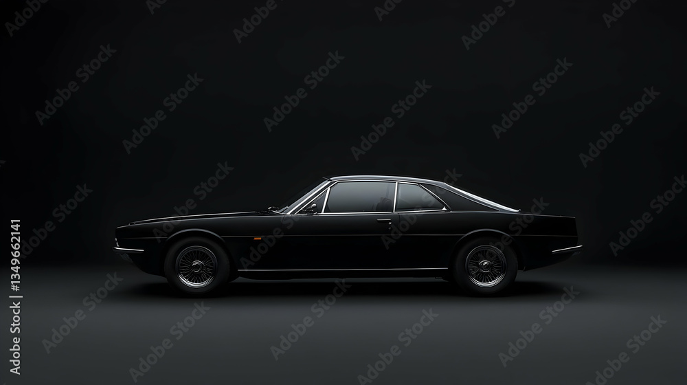 Sleek Black Coupe Automobile Displayed in Studio Lighting with Metallic Reflections on Wheels and Shiny Chrome Exterior Sleek Black Coupe Automobile Displayed in Studio Lighting with Metallic Reflections on Wheels and Shiny Chrome Exterior