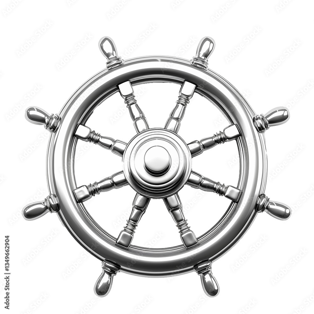 Obraz premium A Polished Chrome Ship's Wheel Nautical Steering Control Maritime Navigation Device
