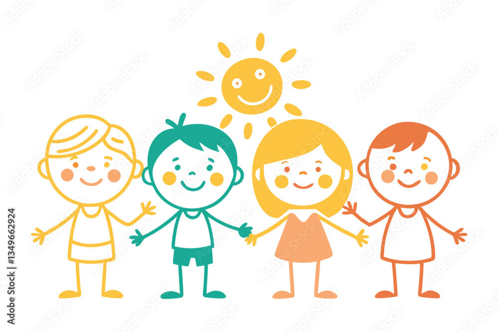 Cartoonstyle Children Holding Hands with Smiling Sun on a White Background Cartoonstyle Children Holding Hands with Smiling Sun on a White Background