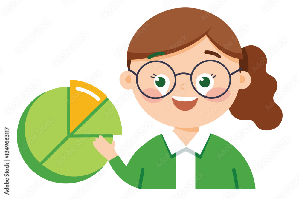 Cartoon Young Woman with Glasses Holding Pie Chart, Green and Yellow Sections Marked Cartoon Young Woman with Glasses Holding Pie Chart, Green and Yellow Sections Marked