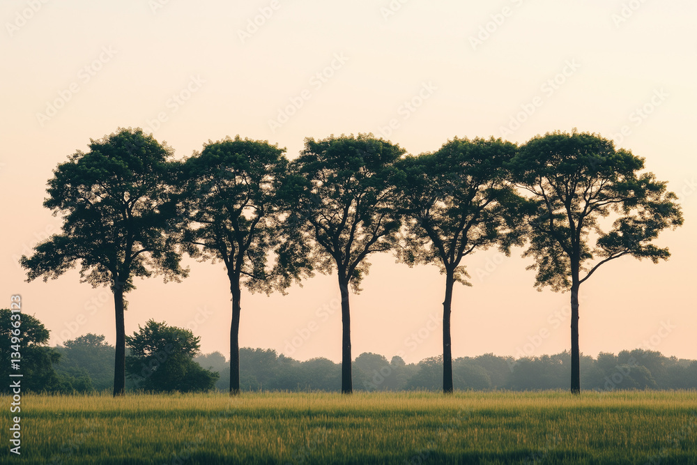 Fototapeta premium Landscape view of tree on meadow land and grass field, Selective focus growth tree on wheat farming with perfect proportion.