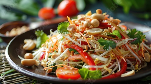 Fresh Thai salad with vegetables, peanuts, and herbs on a dark plate, featuring vibrant colors and an appetizing presentation.