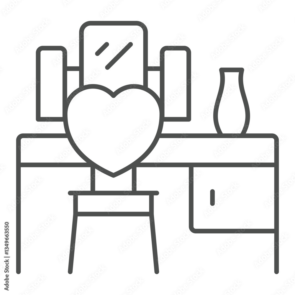 Makeup desk with chair thin line icon, house interior concept. Vector graphics. Dressing table with drawer and mirror, vase sign on white background, outline style icon for mobile or web design. Makeup desk with chair thin line icon, house interior concept. Vector graphics. Dressing table with drawer and mirror, vase sign on white background, outline style icon for mobile or web design.