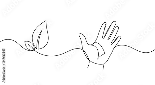 Good transparent background. Line art hand nurturing a sprouting leaf