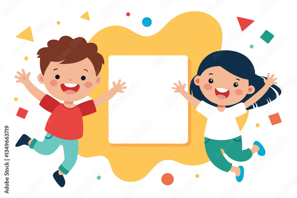 Cheerful Cartoon Kids Jumping with Joy Near Blank White Board and Geometric Shapes Cheerful Cartoon Kids Jumping with Joy Near Blank White Board and Geometric Shapes