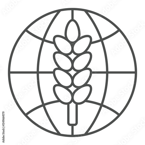World globe with wheat plant thin line icon, wheat production concept. Vector graphics. Planet with ear of wheat sign on white background, outline style icon for mobile or web design.