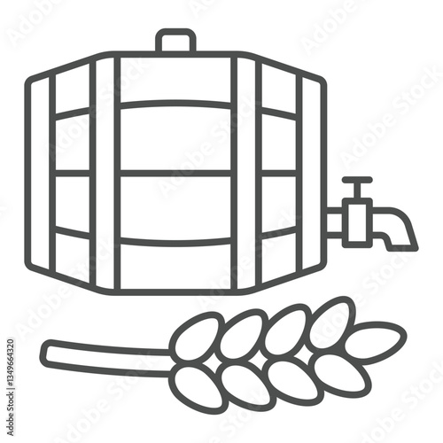 Barrel with wheat beverage thin line icon, wheat production concept. Vector graphics. Wooden barrel with wheat plant sign on white background, outline style icon for mobile or web design.