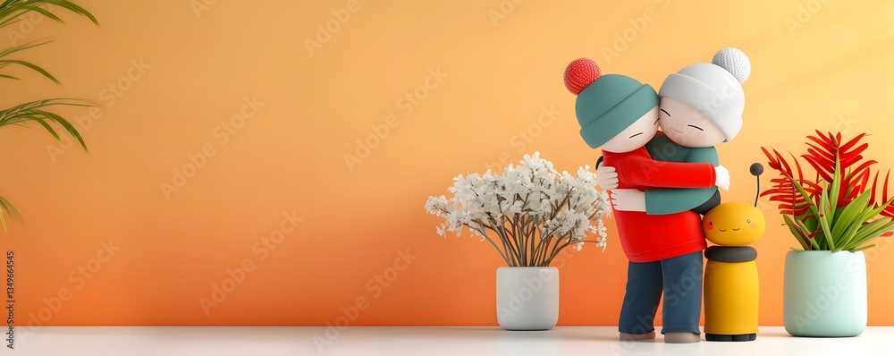A cozy scene of two cute plush toy characters embracing each other on a table surrounded by colorful flowers in vases creating a warm and romantic atmosphere