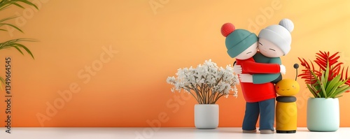 Obraz na płótnie A cozy scene of two cute plush toy characters embracing each other on a table surrounded by colorful flowers in vases creating a warm and romantic atmosphere w salonie