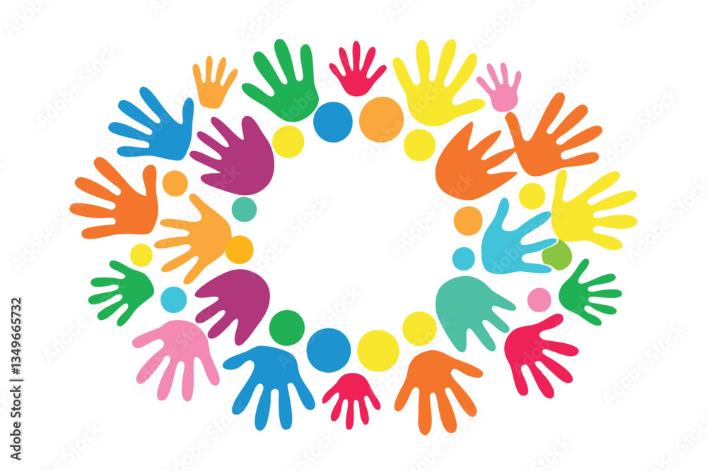 Colorful Handprint Circle on White, Flat Design, Vibrant Prints, Unity Theme, Joyful Art Colorful Handprint Circle on White, Flat Design, Vibrant Prints, Unity Theme, Joyful Art