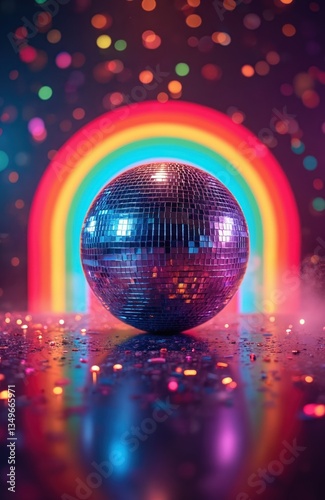 Disco ball, rainbow on colorful dark background. Music, dance party background. Retro 80s, 90s concept. Symbol party, celebration, night club, entertainment, stage, disco, dance, music, nightlife,