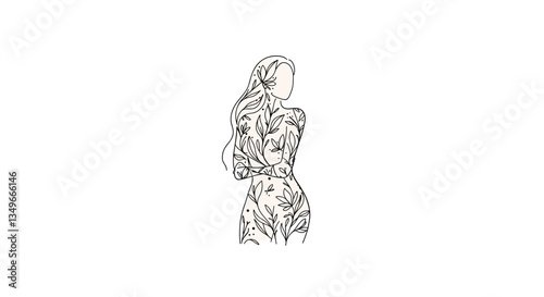 Good transparent background. Stylized woman with floral body art standing against a white background