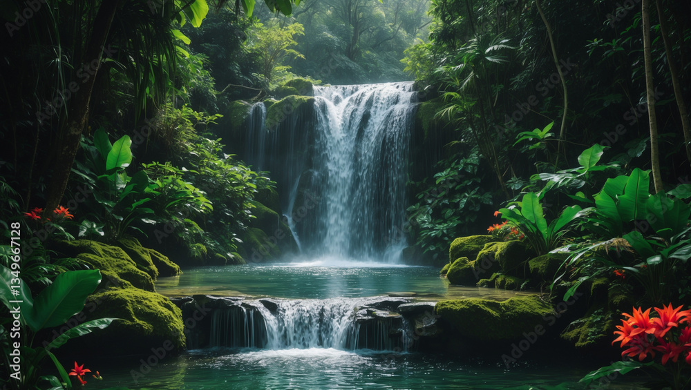 Serene jungle waterfall cascading into a tranquil pool, surrounded by vibrant tropical foliage and blossoming flowers under soft, dappled sunlight. Serene jungle waterfall cascading into a tranquil pool, surrounded by vibrant tropical foliage and blossoming flowers under soft, dappled sunlight.