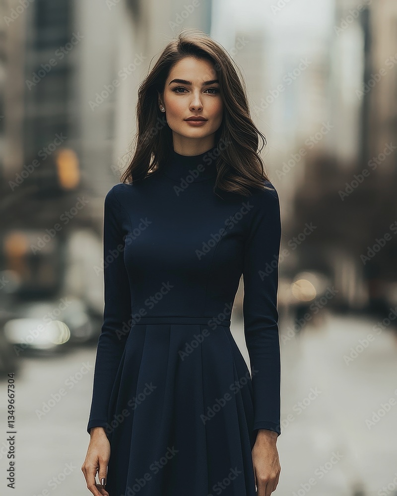 Fototapeta premium Elegant woman in dark blue dress stands confidently against blurred city backdrop, radiating sophistication symbolizing modern professionalism. Ideal for fashion or business ads.
