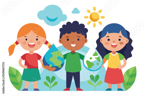 Diverse Children Holding Earth Water Drop, Flat Design, Clouds, Sun, Happy Cartoon Kids
