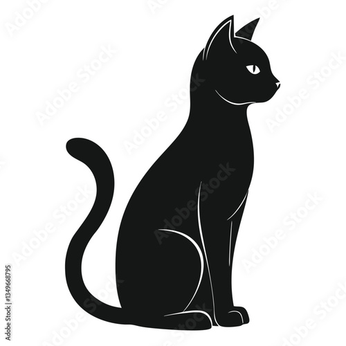 Elegant Black Cat Silhouette, Sitting Profile View, Minimalist Design, Feline