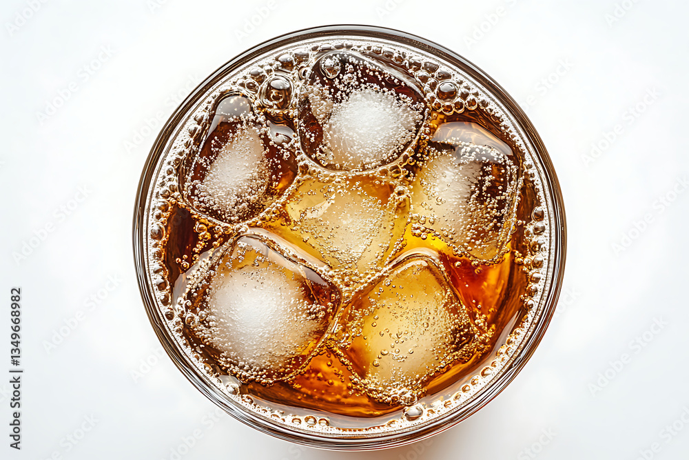 Cold Drink with Ice Cubes and Bubbles in Glass Top View Cold Drink with Ice Cubes and Bubbles in Glass Top View