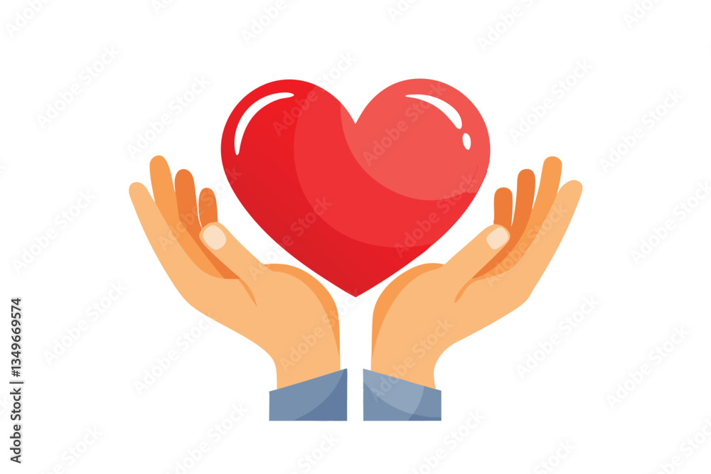 Flat Red Heart Floating Above Two Hands, Pale Skin Tone, White Background Flat Red Heart Floating Above Two Hands, Pale Skin Tone, White Background