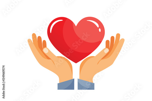 Flat Red Heart Floating Above Two Hands, Pale Skin Tone, White Background