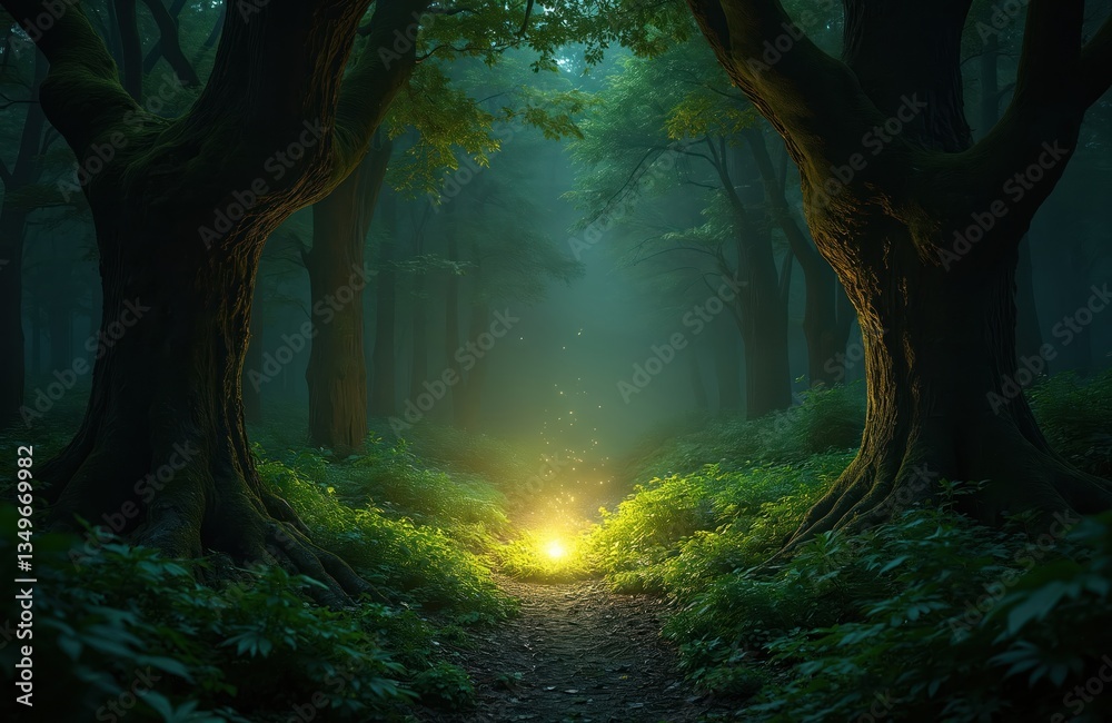 Obraz premium Enchanted night forest path leads to glowing light. Green trees, leaves, mysterious fantasy landscape. Magical, whimsical, dreamy, aethereal atmosphere. Perfect for book cover, game background,