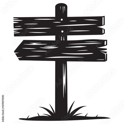 Wooden arrow-shaped signboard black vector silhouette, copy space, direction guidepost silhouette, black color llustration on white background