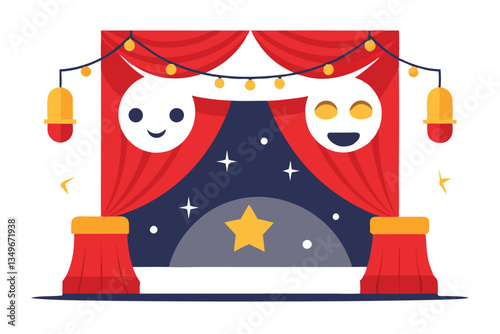 Illustrated Stage with Red Curtains, Smiling Masks, Lights and Starry Backdrop