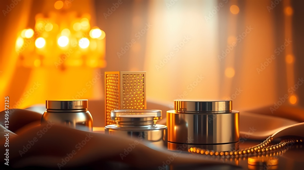 Fototapeta Luxurious Cosmetics Showcase: A collection of elegant cosmetic jars and containers, shimmering in gold and silver, are arranged on a lustrous silk surface, with a blurred warm light background.