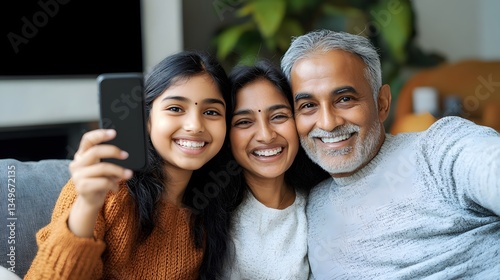 Happy Indian Family Selfie Smartphone Photo