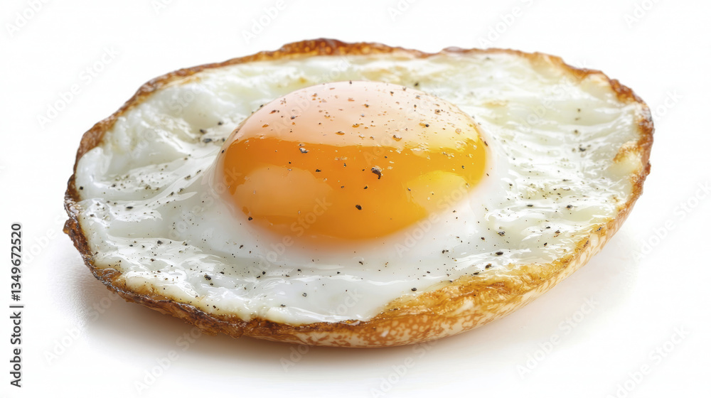 Fried egg with golden yolk, seasoned with black pepper, on white background Fried egg with golden yolk, seasoned with black pepper, on white background