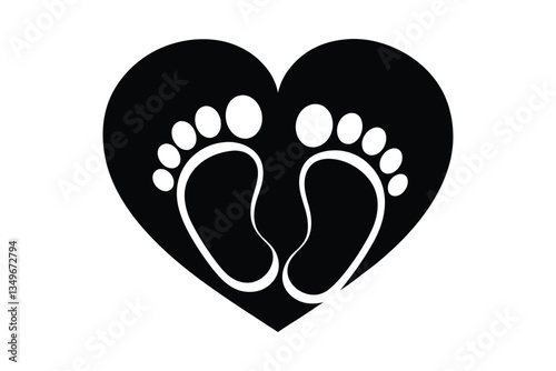 Minimalist Baby Footprints Inside Heart Shape, Black Silhouette on White Background Art