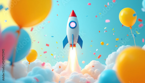 A cartoon rocket ship blasting off with balloons and confetti