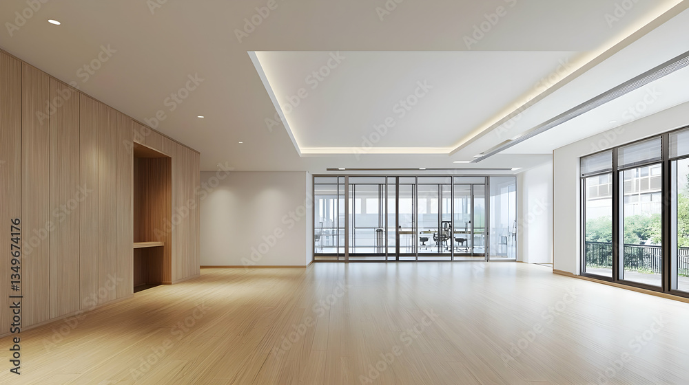 Modern Interior Empty Room with Wooden Wall and Parquet Floor under White Ceiling with Large Windows Modern Interior Empty Room with Wooden Wall and Parquet Floor under White Ceiling with Large Windows