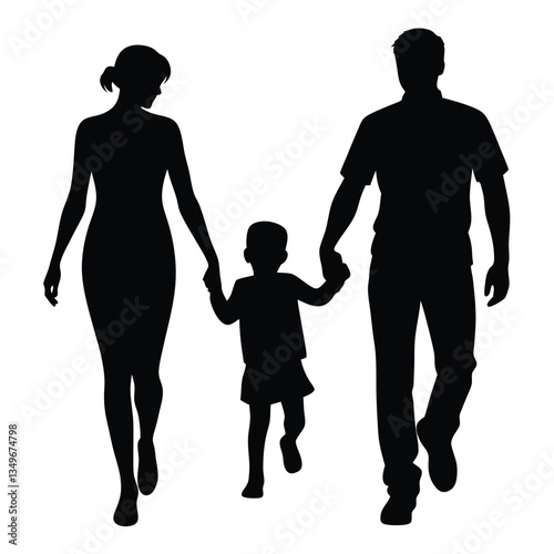 Silhouette Family Walking, Black Figure of Father, Mother and Child Holding Hands
