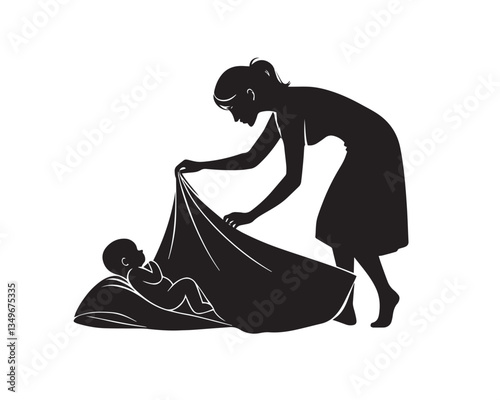 A modern vector design of a mother placing a blanket over her sleeping child, caring and warm.