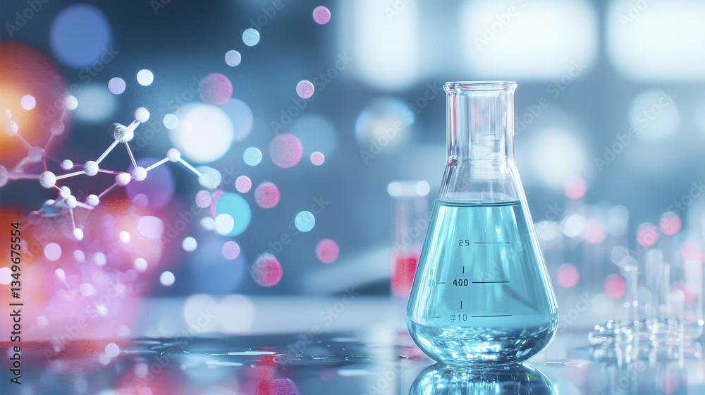 laboratory scene featuring glass flask filled with blue liquid, surrounded by colorful bokeh lights and molecular structures, evokes sense of laboratory scene featuring glass flask filled with blue liquid, surrounded by colorful bokeh lights and molecular structures, evokes sense of
