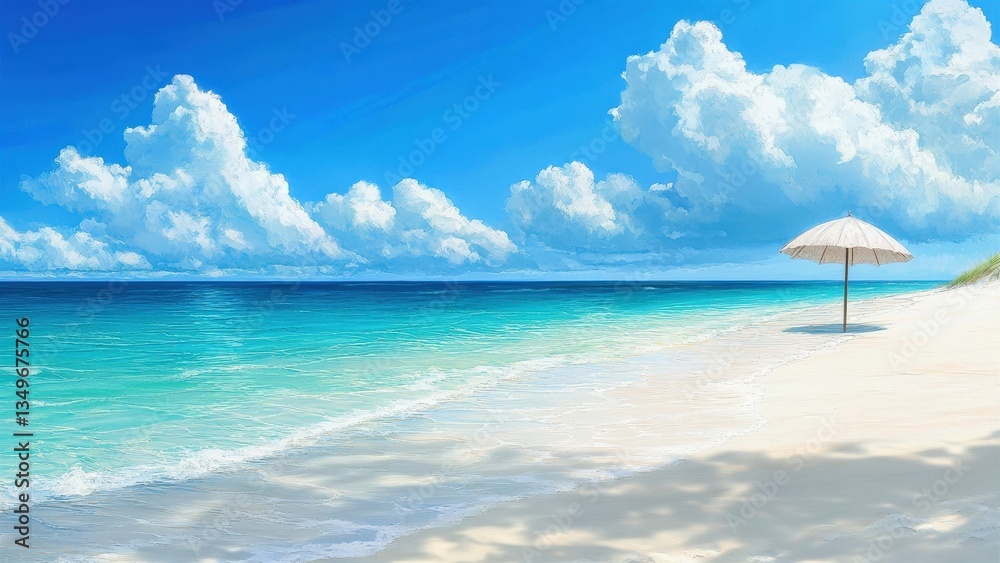 Fototapeta premium Serene Beach Scene with Clouds and Umbrella by the Shore