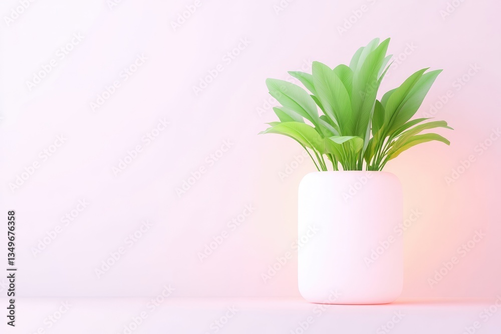 Minimalist potted plant on a pastel background.  A stylized, 3D rendered plant in a simple, white pot sits against a soft pink backdrop.  Muted lighting creates a gentle, calming ambiance