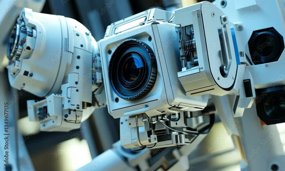 Close-Up View of a High-Tech Robotic Camera System Showcasing Advanced Mechanical Features Close-Up View of a High-Tech Robotic Camera System Showcasing Advanced Mechanical Features