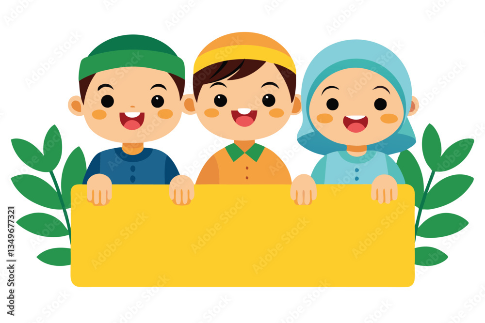 Smiling Muslim Kids Cartoon Holding Yellow Sign, Two Boys and a Girl Smiling Muslim Kids Cartoon Holding Yellow Sign, Two Boys and a Girl