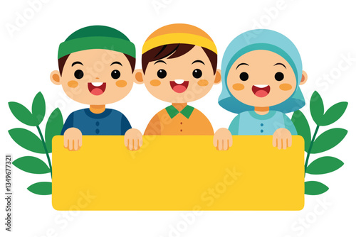 Smiling Muslim Kids Cartoon Holding Yellow Sign, Two Boys and a Girl