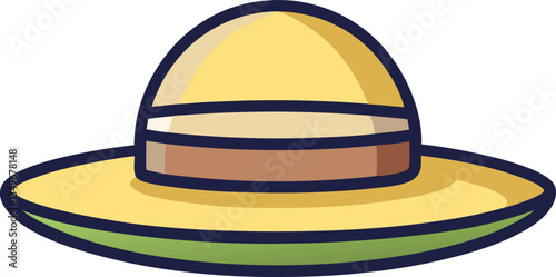 Illustration of a Wide-Brimmed Sun Hat, A bright illustration of a wide-brimmed sun hat with a colorful band, designed for sun protection and style.
