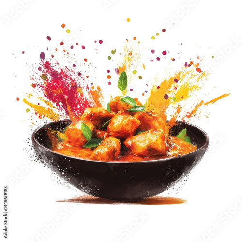 Vibrant Spicy Chicken Curry with Fresh Herbs on white background