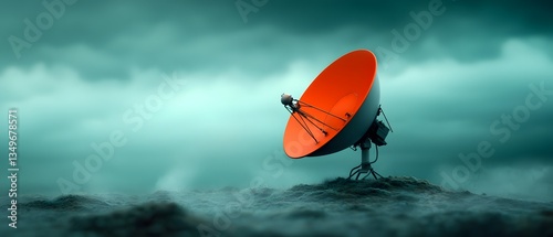 Towering field of cutting edge satellite dishes and radar domes transmitting and receiving vast amounts of digital information set against an abstract photo