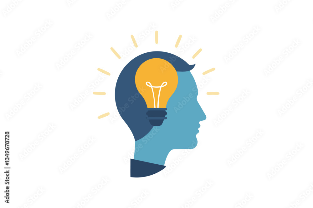 Stylized Head Profile with Lightbulb Idea in Blue and Yellow Tones On White Stylized Head Profile with Lightbulb Idea in Blue and Yellow Tones On White