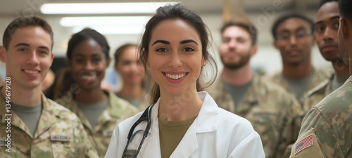 In a bustling military medical facility, a confident healthcare professional stands at the forefront, embodying commitment and expertise. Behind, a diverse team of soldiers supports her mission