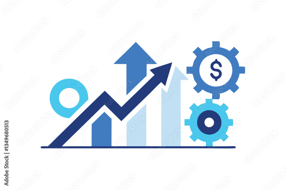 Upward Arrow Trend with Gears and Dollar Sign, Business Concept, Growth, Flat Design Upward Arrow Trend with Gears and Dollar Sign, Business Concept, Growth, Flat Design