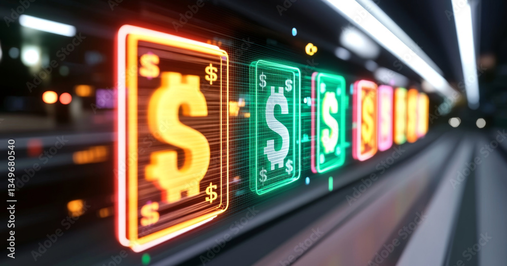 Obraz premium Bright and vibrant digital currency symbols illuminate a financial landscape. This display of dollar icons signifies trust and a focus on portfolio growth amid modern economic dynamics.