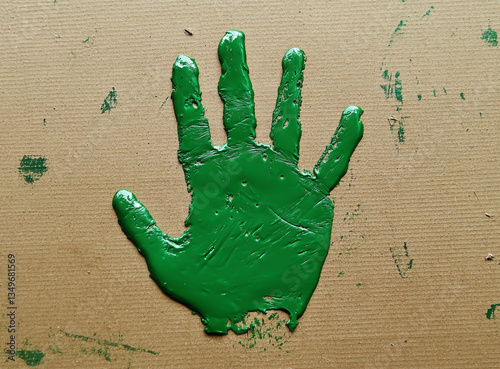 Green handprint on cardboard, a symbol of the Earth for World Wildlife Day.