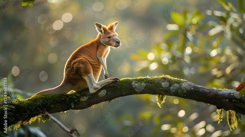 Fototapeta premium Ultra realistic wildlife photo of Lumholtzs tree kangaroo perched moss covered branch captured 600mm telephoto lens golden hour sunlight filtering through dense tropical rainforest foliage detailed