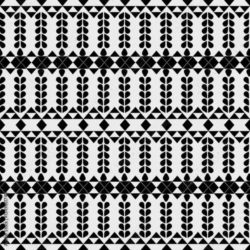 Minimalist black and white pattern. Geometric leaf motifs and triangular elements create rhythmic vertical columns. Modern design blending organic shapes with abstract precision.